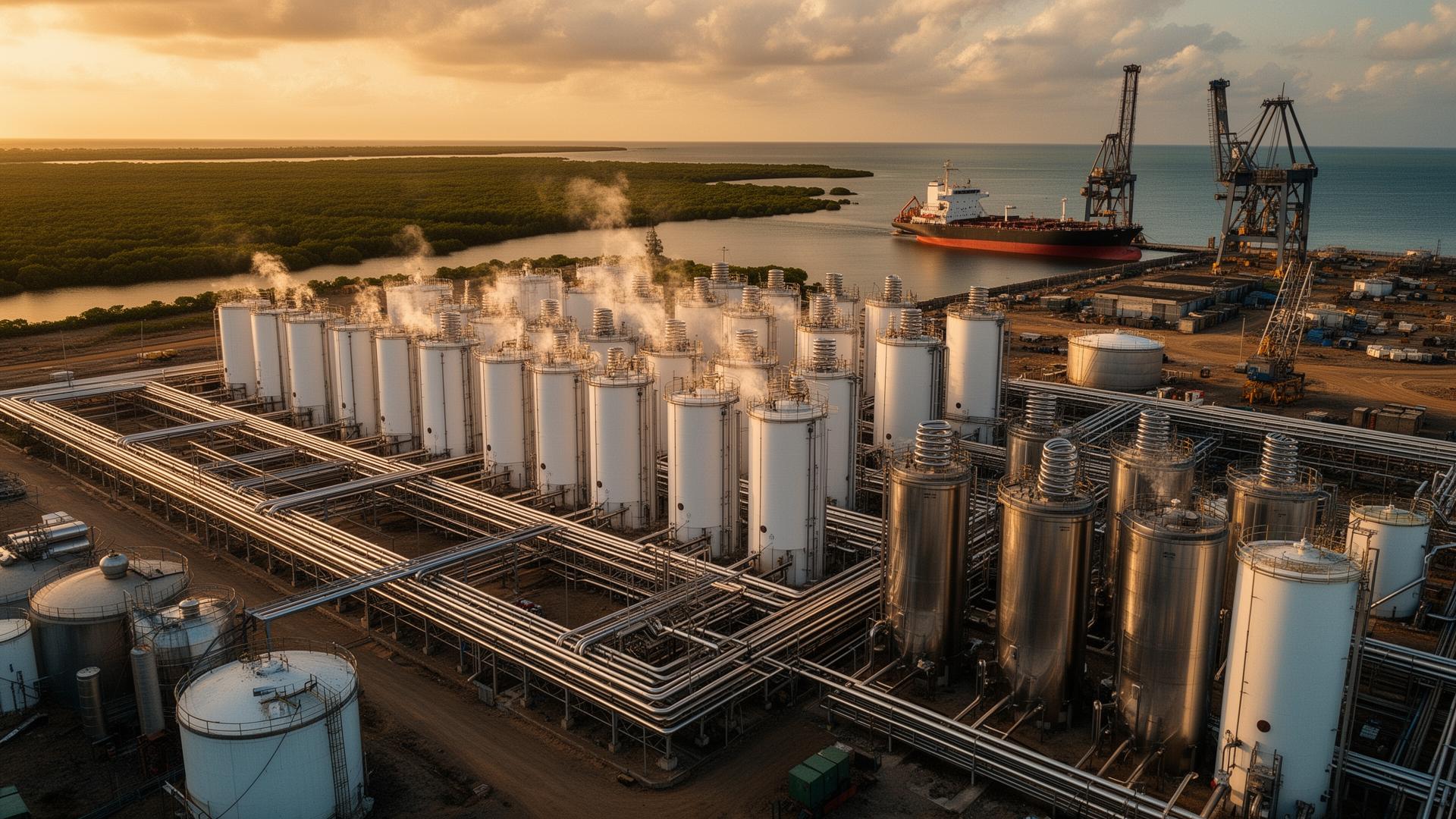 EATL bulk liquid tank farm at golden hour